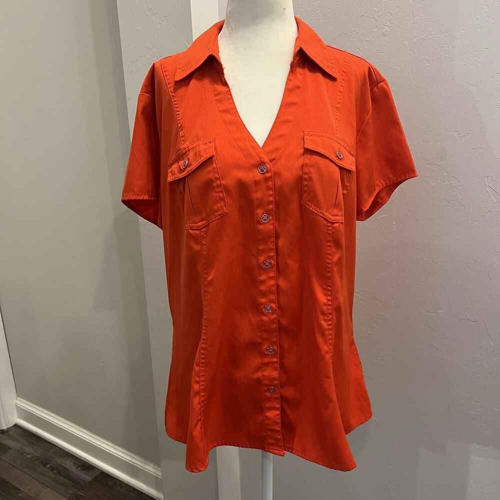 Cato Women’s Orange Short Sleeve V Neck  Button Up Blouse Size XL (A0127)